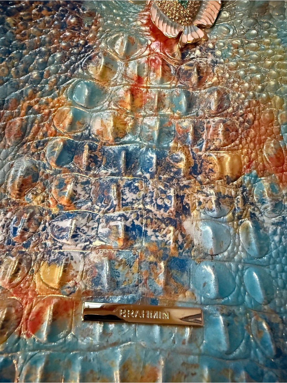 Brahmin Turquoise & Orange Croc-Embossed Top-Handle Tote - Picture 3 of 3